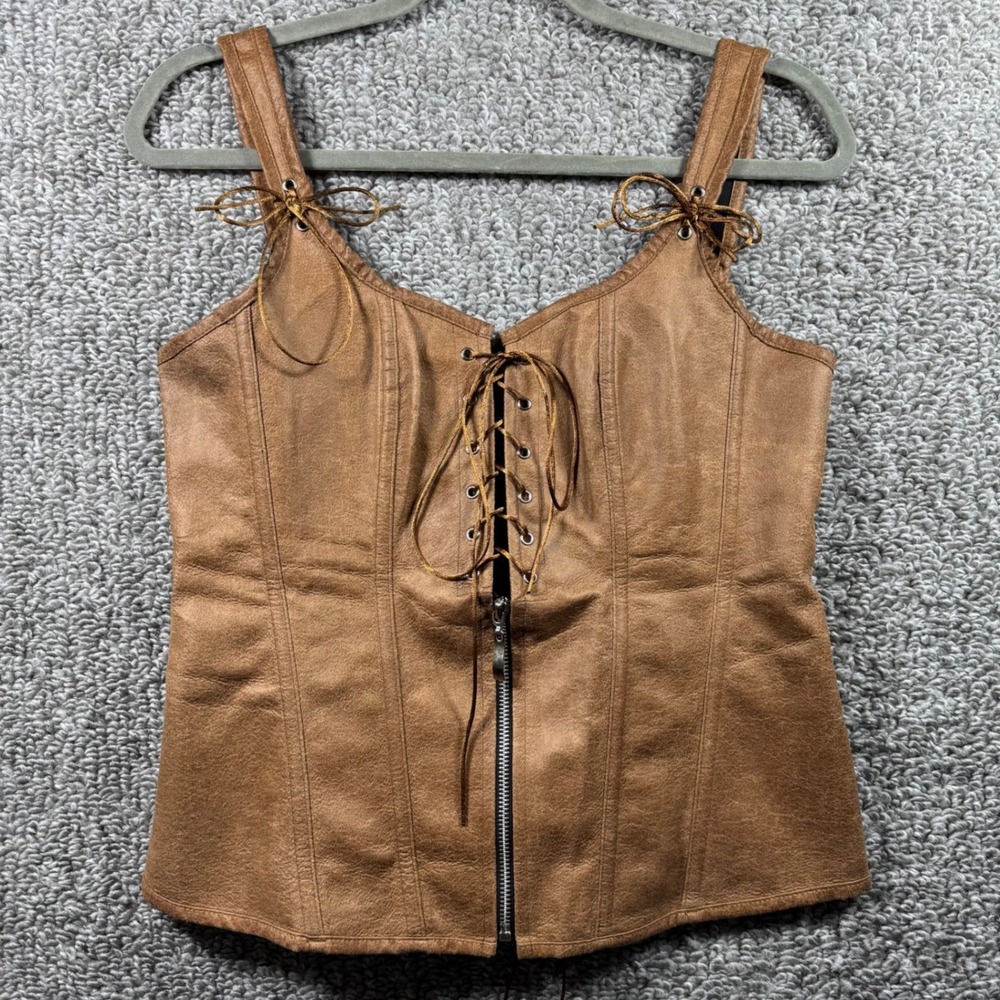 Charmian Corset Top Renaissance Bustier Brown Faux Leather Lace Up Zipper XL